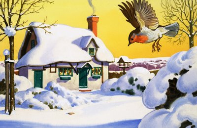 Pettirosso che vola nella neve da English School