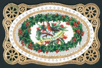 Pettirosso seduto su un ramo di agrifoglio, biglietto di Natale da English School