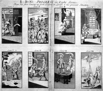 Il progresso di Robins in otto scene, dal suo arrivo da Oxford a Londra alla sua situazione attuale, 1733 da English School