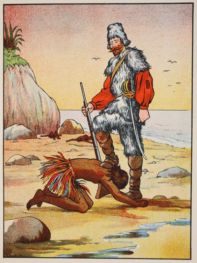 Robinson Crusoe e Venerdì, illustrazione da La storia di Robinson Crusoe: Un adattamento per bambini seguendo il linguaggio di Defoe, pub. da Griffith Farran Browne & Co. Limited, Londra da English School