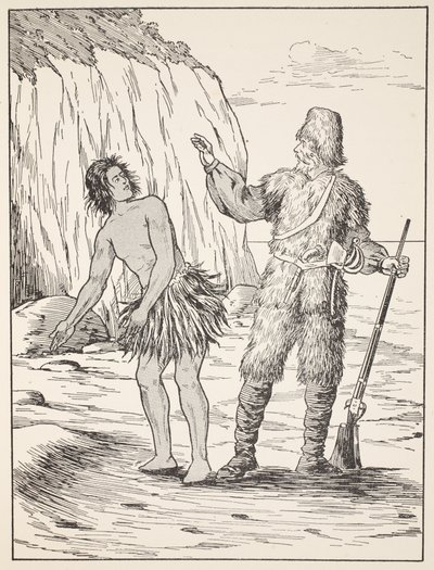 Robinson Crusoe e Venerdì, illustrazione da La storia di Robinson Crusoe: Un adattamento per bambini seguendo il linguaggio di Defoe, pub. da Griffith Farran Browne & Co. Limited, Londra da English School