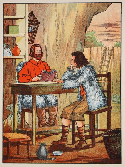 Robinson Crusoe e Venerdì, illustrazione da La storia di Robinson Crusoe: Un adattamento per bambini seguendo il linguaggio di Defoe, pub. da Griffith Farran Browne & Co. Limited, Londra da English School