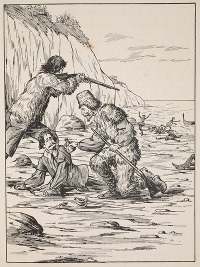 Robinson Crusoe e Venerdì salvano lo spagnolo, illustrazione da La storia di Robinson Crusoe: Un adattamento per bambini seguendo il linguaggio di Defoe, pub. da Griffith Farran Browne & Co. Limited, Londra da English School