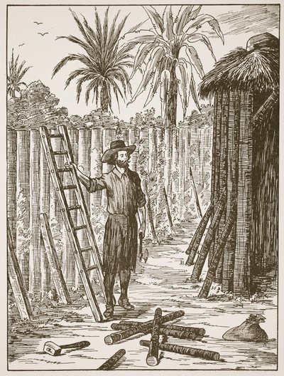 Robinson Crusoe costruisce il suo pergolato, illustrazione da La storia di Robinson Crusoe: Un adattamento per bambini seguendo il linguaggio di Defoe, pub. da Griffith Farran Browne & Co. Limited, Londra da English School