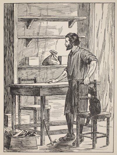 Robinson Crusoe costruisce tavolo e sedie per la sua caverna, illustrazione da La storia di Robinson Crusoe: Un adattamento per bambini seguendo il linguaggio di Defoe, pub. da Griffith Farran Browne & Co. Limited, Londra da English School