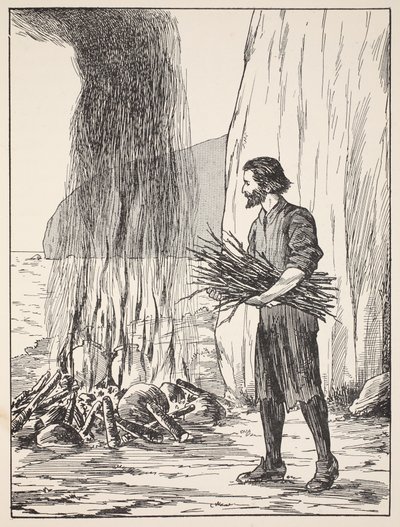 Robinson Crusoe cucina, illustrazione da La storia di Robinson Crusoe: Un adattamento per bambini seguendo il linguaggio di Defoe, pub. da Griffith Farran Browne & Co. Limited, Londra da English School