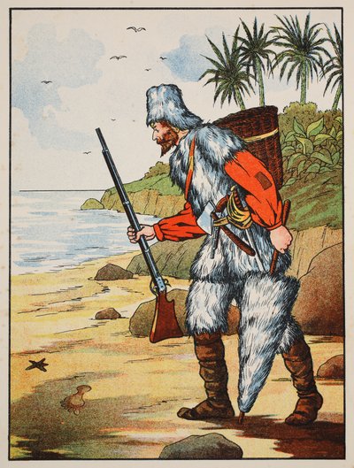 Robinson Crusoe, illustrazione da La storia di Robinson Crusoe: Un adattamento per bambini seguendo il linguaggio di Defoe, pub. da Griffith Farran Browne & Co. Limited, Londra da English School