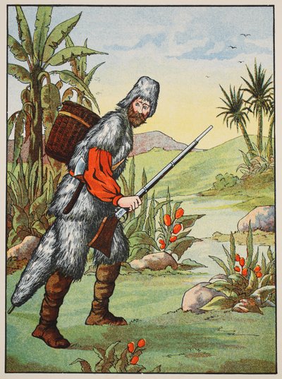 Robinson Crusoe, illustrazione da La storia di Robinson Crusoe: Un adattamento per bambini seguendo il linguaggio di Defoe, pub. da Griffith Farran Browne & Co. Limited, Londra da English School