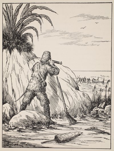 Robinson Crusoe, illustrazione da La storia di Robinson Crusoe: Un adattamento per bambini seguendo il linguaggio di Defoe, pub. da Griffith Farran Browne & Co. Limited, Londra da English School