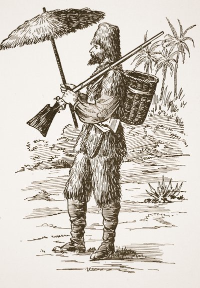 Robinson Crusoe, illustrazione da La storia di Robinson Crusoe: Un adattamento per bambini seguendo il linguaggio di Defoe, pub. da Griffith Farran Browne & Co. Limited, Londra da English School