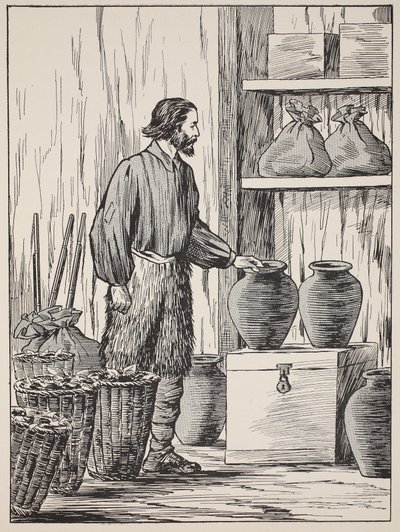 Robinson Crusoe nel suo magazzino, illustrazione da La storia di Robinson Crusoe: Un adattamento per bambini seguendo il linguaggio di Defoe, pub. da Griffith Farran Browne & Co. Limited, Londra da English School