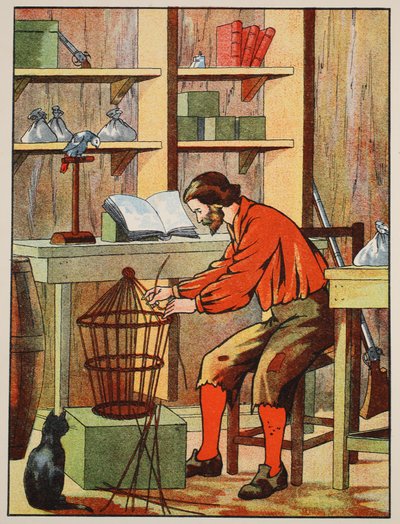 Robinson Crusoe costruisce una gabbia per il suo pappagallo, illustrazione da La storia di Robinson Crusoe: Un adattamento per bambini seguendo il linguaggio di Defoe, pub. da Griffith Farran Browne & Co. Limited, Londra da English School