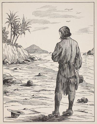 Robinson Crusoe sulla sua isola, illustrazione da La storia di Robinson Crusoe: Un adattamento per bambini seguendo il linguaggio di Defoe, pub. da Griffith Farran Browne & Co. Limited, Londra da English School