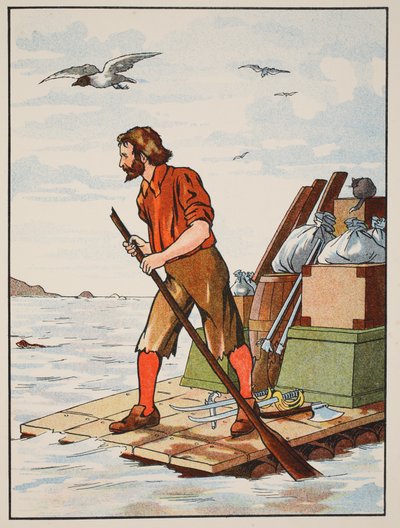 Robinson Crusoe sulla sua zattera, illustrazione da La storia di Robinson Crusoe: Un adattamento per bambini seguendo il linguaggio di Defoe, pub. da Griffith Farran Browne & Co. Limited, Londra da English School