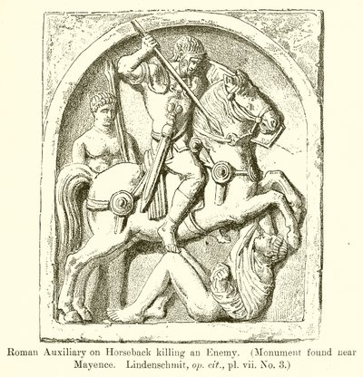 Ausiliario romano a cavallo che uccide un nemico (Monumento trovato vicino a Magonza. Lindenschmit, op. cit., vii. No. 3) da English School