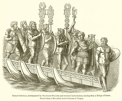 Generale romano, accompagnato da portabandiera e legionari comuni, sbarca da un ponte di barche da English School