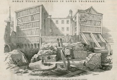 Villa romana scoperta in Lower Thames Street, Londra: Vista generale dei resti della villa romana sul sito del nuovo Coal Exchange da English School