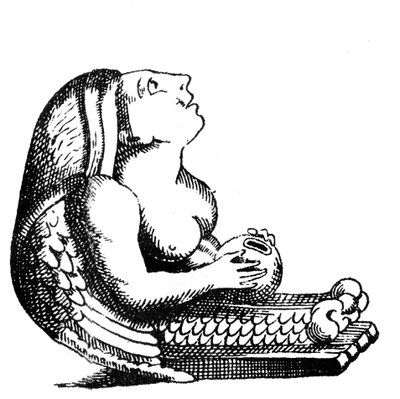 Statuetta in bronzo romana o tardo romana di una donna nuda con ali di uccello che tiene un melograno aperto da English School