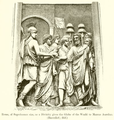 Roma, di dimensioni sovrumane, come una divinità dona il globo del mondo a Marco Aurelio (Bassorilievo; ibid) da English School