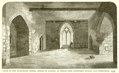 Stanza nella Torre di Beauchamp, Torre di Londra, in cui fu imprigionato Lord Guildford Dudley, 1554 da English School