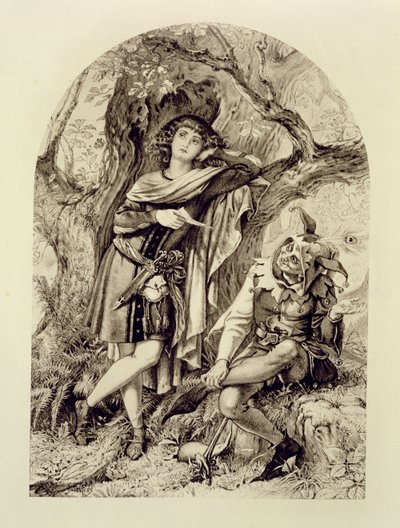 Rosalind e Touchstone, Atto III Scena 2, in Come vi piace, di William Shakespeare (1564-1616) da English School