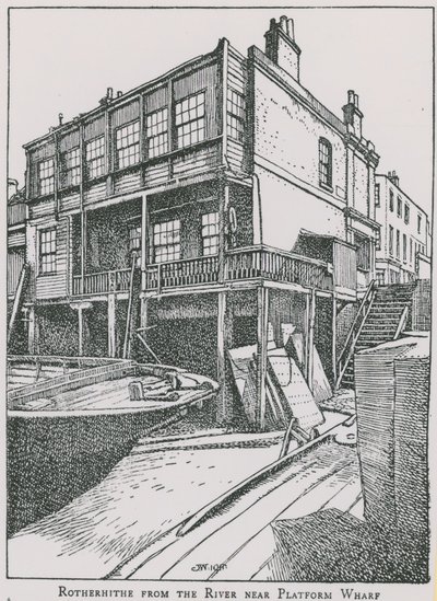 Rotherhithe dal fiume Tamigi vicino a Platform Wharf; The Angel da English School