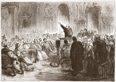Roussel che predica al Louvre, illustrazione da La storia del protestantesimo di James Aitken Wylie (1808-1890), pub. 1878 da English School