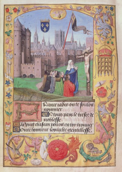 Notre Dame, Parigi che mostra le armi impalate, la Vergine sotto protegge nove figure inginocchiate davanti alla Crocifissione, da Poems of Charles, Duke of Orleans, c.1500 da English School