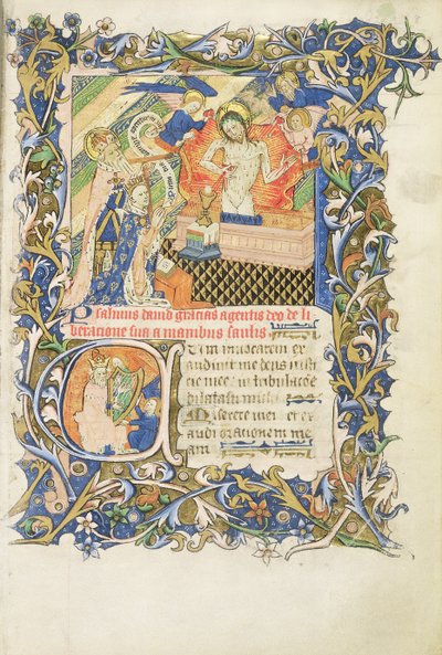Figura incoronata sostenuta da un santo con barba grigia inginocchiato davanti a un