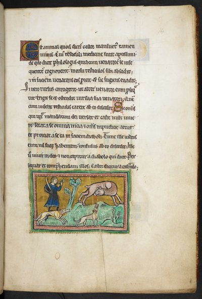 Un lupo (?) con sangue che esce dalla bocca e un cacciatore con cani, dal Bestiario di Rochester da English School