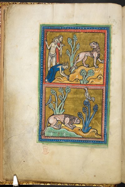 Royal 12 F.XIII, f.5v In alto: tre uomini, con uno di loro che si inchina a un leone; sotto: un leone accovacciato ai piedi di un albero, con un gallo seduto in cima. da Bestiario (ff. 3-141), Lapidario (ff. 141v-149), 2° quarto del XIII secolo da English School