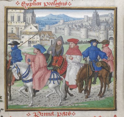 Royal 18 D. II, f.148 Fine del Prologo. John Lydgate e i pellegrini di Canterbury che lasciano Canterbury, illustrazione da 