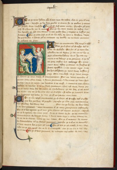 Giovanni seduto, scrivendo; un angelo sta dietro la sua scrivania, dal 