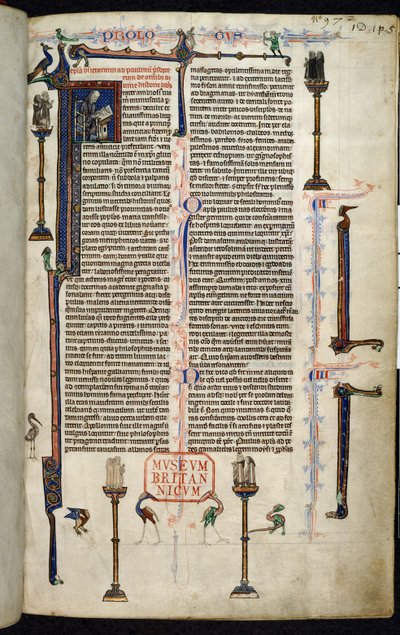 Royal 1 D I, f.1r, Girolamo, frati su colonne, dalla Bibbia di William of Devon (pergamena) da English School