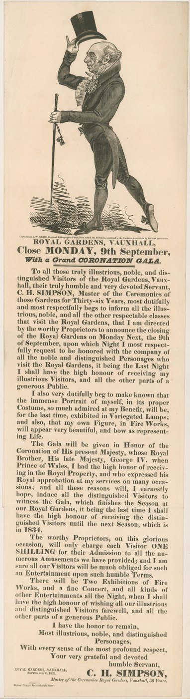 Giardini Reali, Vauxhall. Gala di Incoronazione, 9 settembre 1833 da English School