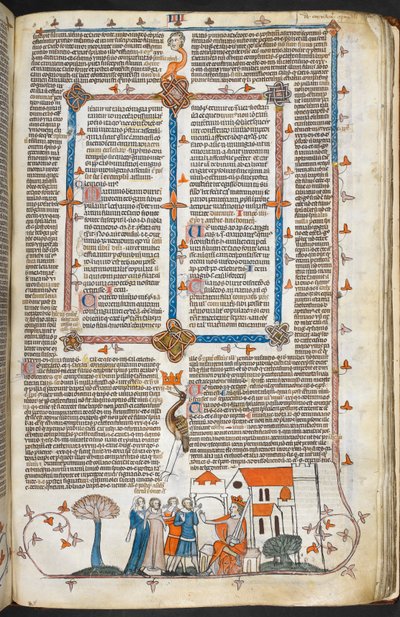 Re che difende il suo palazzo e decorazione marginale, illustrazione dalle 