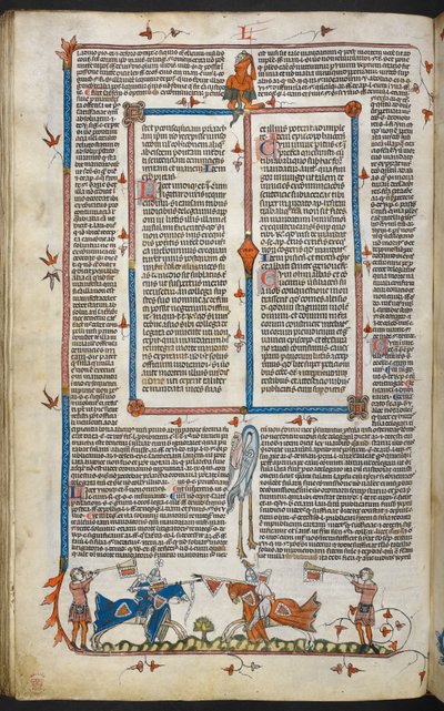 Royal MS 10 iv f.065v Cavalieri in giostra con decorazione marginale, illustrazione da 