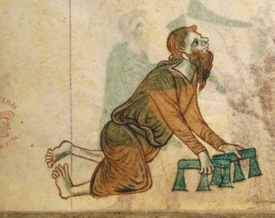 Un uomo storpio che striscia sulle ginocchia, da 
