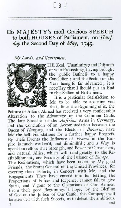 Discorso reale a entrambe le Camere del Parlamento, 2 maggio 1745 (stampa) da English School