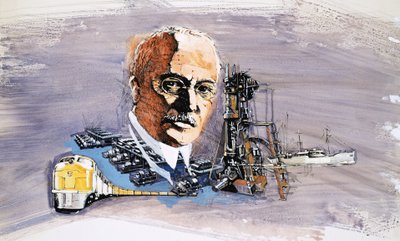Rudolf Diesel sullo sfondo di treni, barche e moli da English School