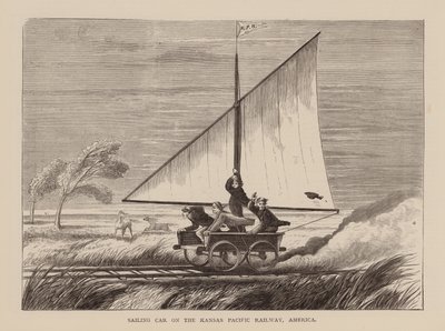 Carrozza a vela sulla Kansas Pacific Railway, America (incisione) da English School