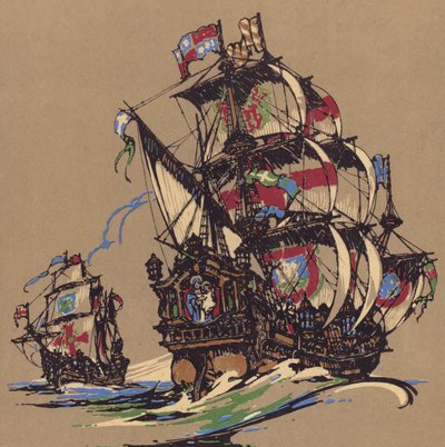 Navi a vela (litografia a colori) da English School