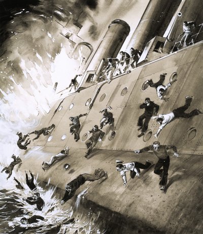 Marinai che fuggono dalla HMS Natal che ha preso fuoco nel Cromerty Firth nel 1915 da English School