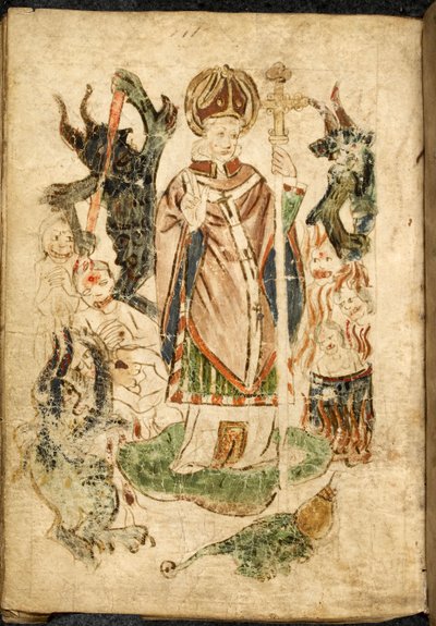 San Patrizio, in costume da vescovo, che tiene un crocifisso e fa un gesto di benedizione, si trova sull