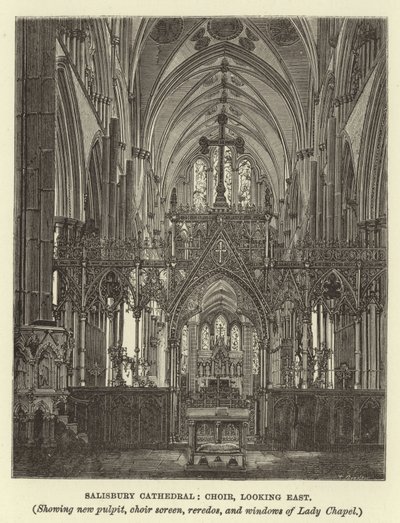 Cattedrale di Salisbury, coro, vista verso est, con nuovo pulpito, schermo del coro, reredos e finestre della Cappella della Madonna da English School