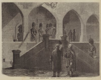 Saluto delle chiavi della Regina Vittoria, antica cerimonia alla Torre (incisione) da English School