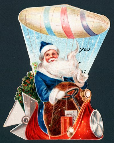 Babbo Natale che guida un dirigibile, cartolina di Natale da English School