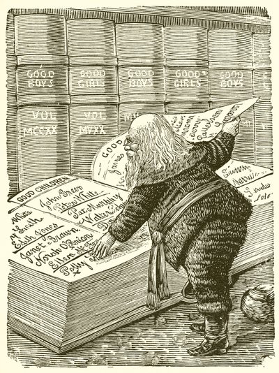 Babbo Natale che guarda nel suo diario i nomi dei bambini che sono stati buoni dall