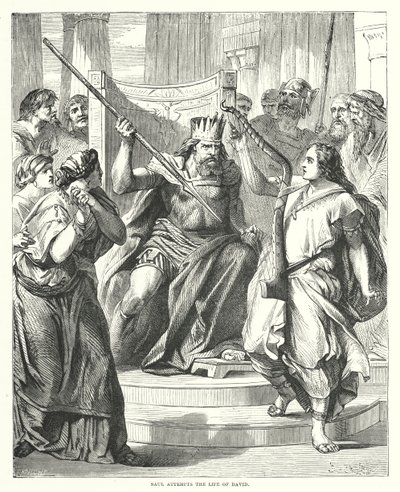 Saul tenta di uccidere Davide (incisione) da English School