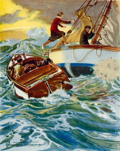 Scena da Quattro valvole e Sheila: una donna che salta da una barca a motore a uno yacht in un mare agitato (litografia a colori) da English School